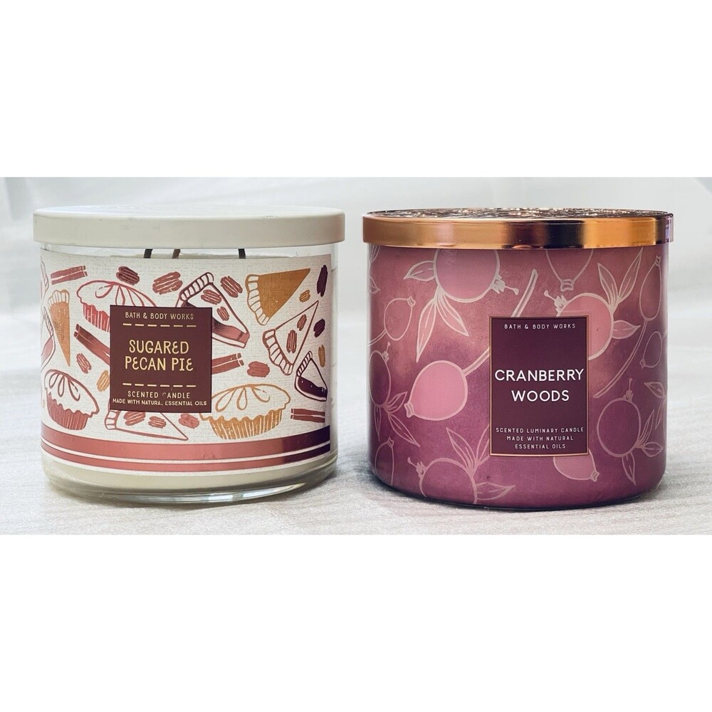 2 LOT Bath & Body Works 3-Wick Candles – Sugar Pecan Pie & Cranberry Woods – NEW